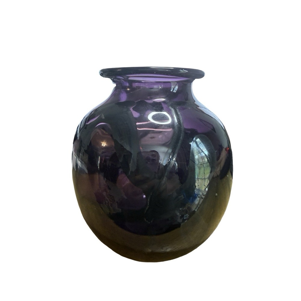 VINTAGE JONES HAND BLOWN ART GLASS VASE‎ SIGNED 1981 purple